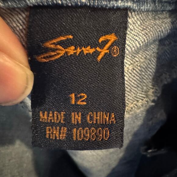 Seven7 Jeans Women’s Size 12 Bootcut Blue Denim Embroidered Pockets Distressed - Picture 7 of 10